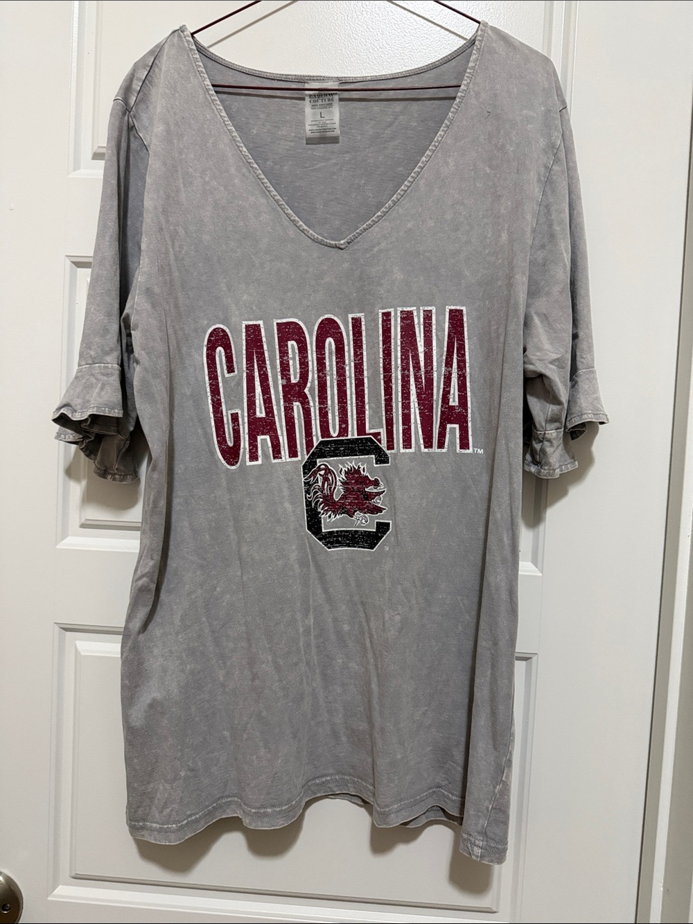 Carolina Graphic V-Neck Short Sleeve Tee - Gray with Garnet Logo